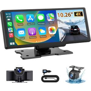 10.26" Wireless CarPlay Screen for Car with 4K Dash Cam&1080P Backup Camera
Portable Touchscreen Car Stereo for Apple Carplay & Android Auto, GPS Navigation, Mirror Link, BT, FM, Voice Control