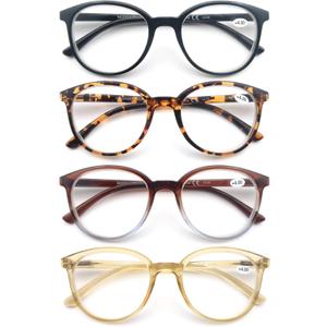 MODFANS Women Reading Glasses 4Pack Large Round Frame Readers Spring Hinges with 4 Pouch (4 Pack Mix Color) +1.50