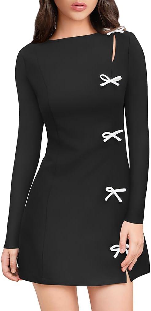 XXTAXN Women's Fall Long Sleeves Boat Neck Elegant Bow Y2k A Line Mini Dress (Black, M)