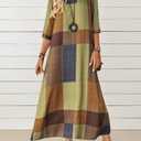 Women's Vintage Geometric Print Maxi Dress Color Block Plaid Design Crew Neck 3/4 Sleeve Loose Fit Long Dresses (Medium)