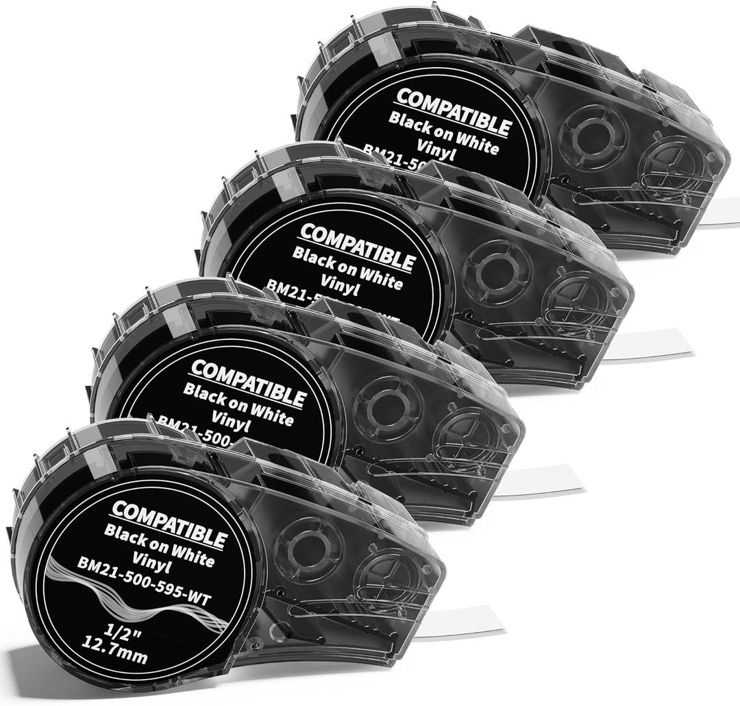Compatible with M21-500-595-WT Label Tape, 1/2 inches Adhesion Vinyl Labels Tape, 21' Length 0.5" Width, Work for M210-, M211, BMP21-Plus, BMP21 LAB Printer, 4-Pack