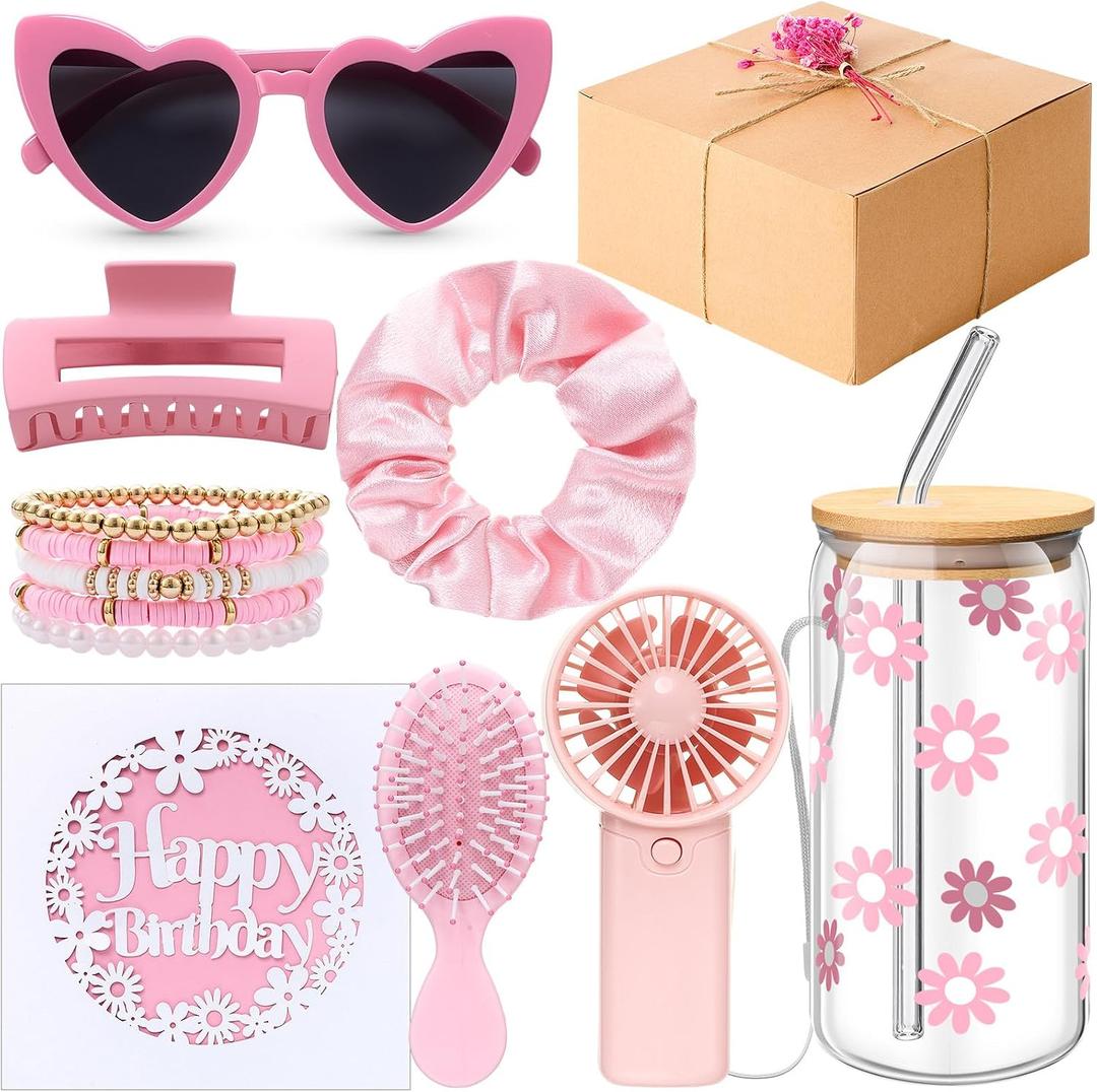 10 Pcs Birthday Gifts for Women, Teen Girl, Her, Happy Birthday Gift Set Ideas for Girl, Women, Friend, Sister, Daughter, Coworkers, Families, Cute Daisy Aesthetic Glass Cups Present Set(Pink)