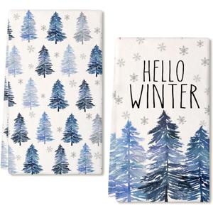 Hello Winter Kitchen Towels Set of 2, Blue Tree Snowflake Dish Hand Towels Holiday Home Indoor Bathroom Party Seasonal Noel Decorations DD019