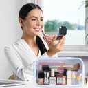 Kacctyen Clear Nylon Makeup Bag Preppy Cosmetic Bag Transparent Toiletry Pouch with Zipper Travel Skincare Toiletry Pouch Portable Cute Preppy Pencil Case for Girls Women School Stuff(Blue Stripe)