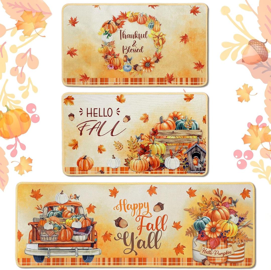 3 Pcs Thanksgiving Fall Rugs and Mats Set Happy Autumn Farmhouse Non Slip Doormat Pumpkin Maple Leaf Floor Rugs for Harvest Kitchen Bar Office Party Home Decor, 17 x 29 and 17 x 47 Inch