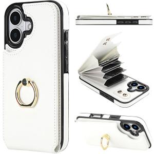 Folosu Compatible with iPhone 17 Case Wallet with Card Holder, 360Rotation Finger Ring Holder Kickstand, RFID Blocking Leather Protective Double Buttons Shockproof Cover 6.3 Inch White