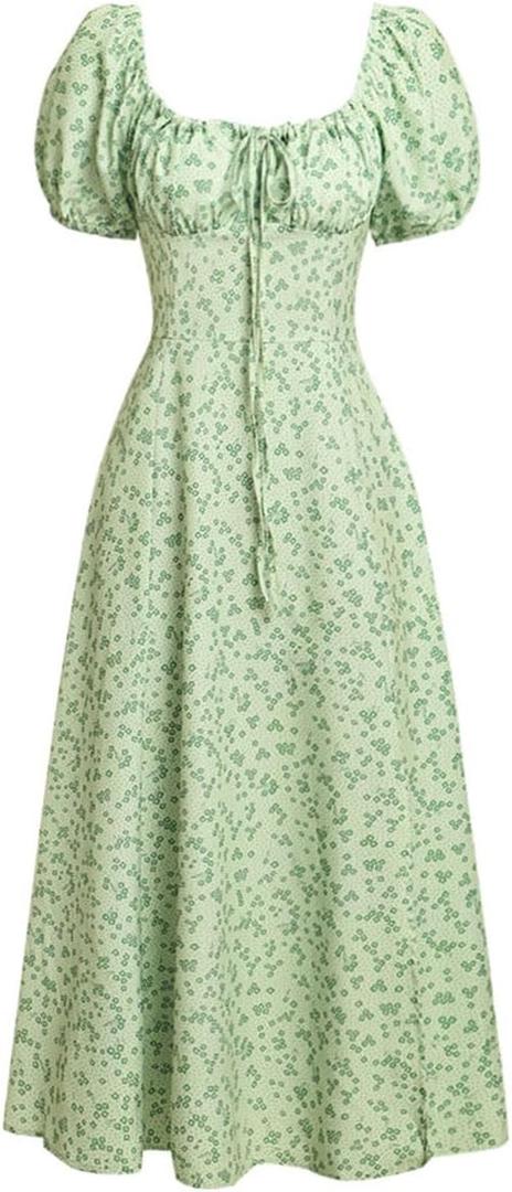 RIHOAS Womens Summer Dresses Square Neck Vintage Short Sleeve Midi Dress Casual Puff A Line Chiffon Sundress (Blue, S)