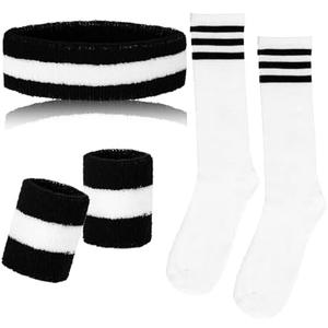 Sucrain 5 Pieces Striped Sweatbands and Socks Set, Sports Sweatbands Wrist Sweat Bands Red, White& Blue High Tube Socks 80s Accessories Costumes for Men Women