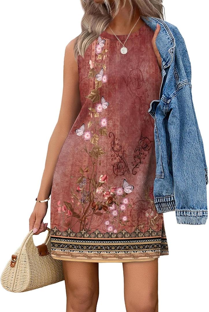 WIHOLL Casual Dresses for Women Crewneck Sleeveless Tank Dress Summer Spring Boho Vacation Clothes (M)