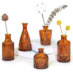 SUPMIND Glass Bud Vase Set of 5, Amber Small Flower Vases for Centerpieces in Bulk, Mini Vintage Vase for Rustic Wedding, Home,Table Decoration