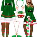 Nuanchu 14 Pcs Women Christmas Elf Costume Set Christmas Velvet Dress Santa's Helper Costume Outfit for Xmas Party Cosplay (Green, XL)
