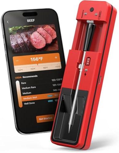 Wireless Meat Thermometer 6 Sensors Accuracy Digital Food Thermometer 0.5S Instant Read, IP67 Waterproof for BBQ, Grill, Smoker, Oven, Air Fryer,Red