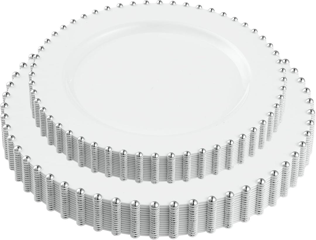 PLASTICPRO 32 Piece Combo Plastic Dinner Plates Disposable Plastic Fancy Heavy Duty Party Dishes 7 inch and 10 inch, White and Silver Beaded