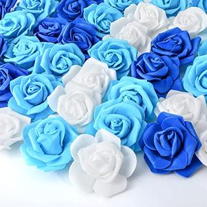 Geosar 150 Pcs Artificial Rose Flower Heads Bulk Fake Foam Roses Mini Faux Flower for Bridal Shower Wedding Flower Arrangements Centerpiece DIY(2.76 Inch,White, Blue)