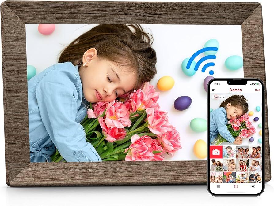 Frameo 10.1" Digital Picture Frame with 32GB Memory WiFi Electronic Photo Frame Wood 1280 x 800 IPS Touch Screen Auto-Rotate Slideshow Wall Mountable Share Photos/Video Remotely Anywhere
