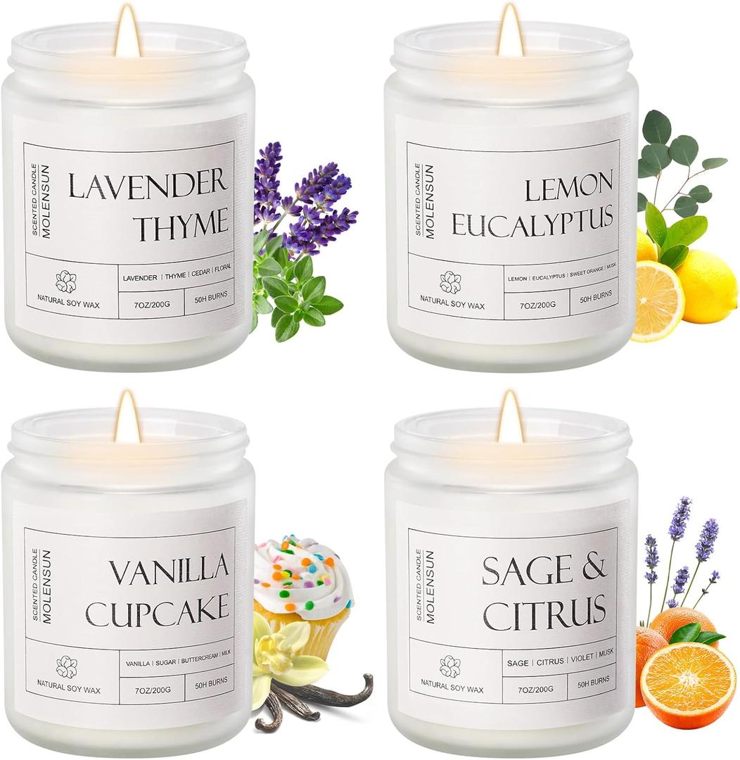 Molensun 4 Pack Candles for Home Scented, Mother's Day Gifts, 28 oz Long Lasting Candles, Soy Candle Set Gift for Women - Lavender Thyme/Lemon Eucalyptus/Sage &Citrus/Vanilla Cupcake