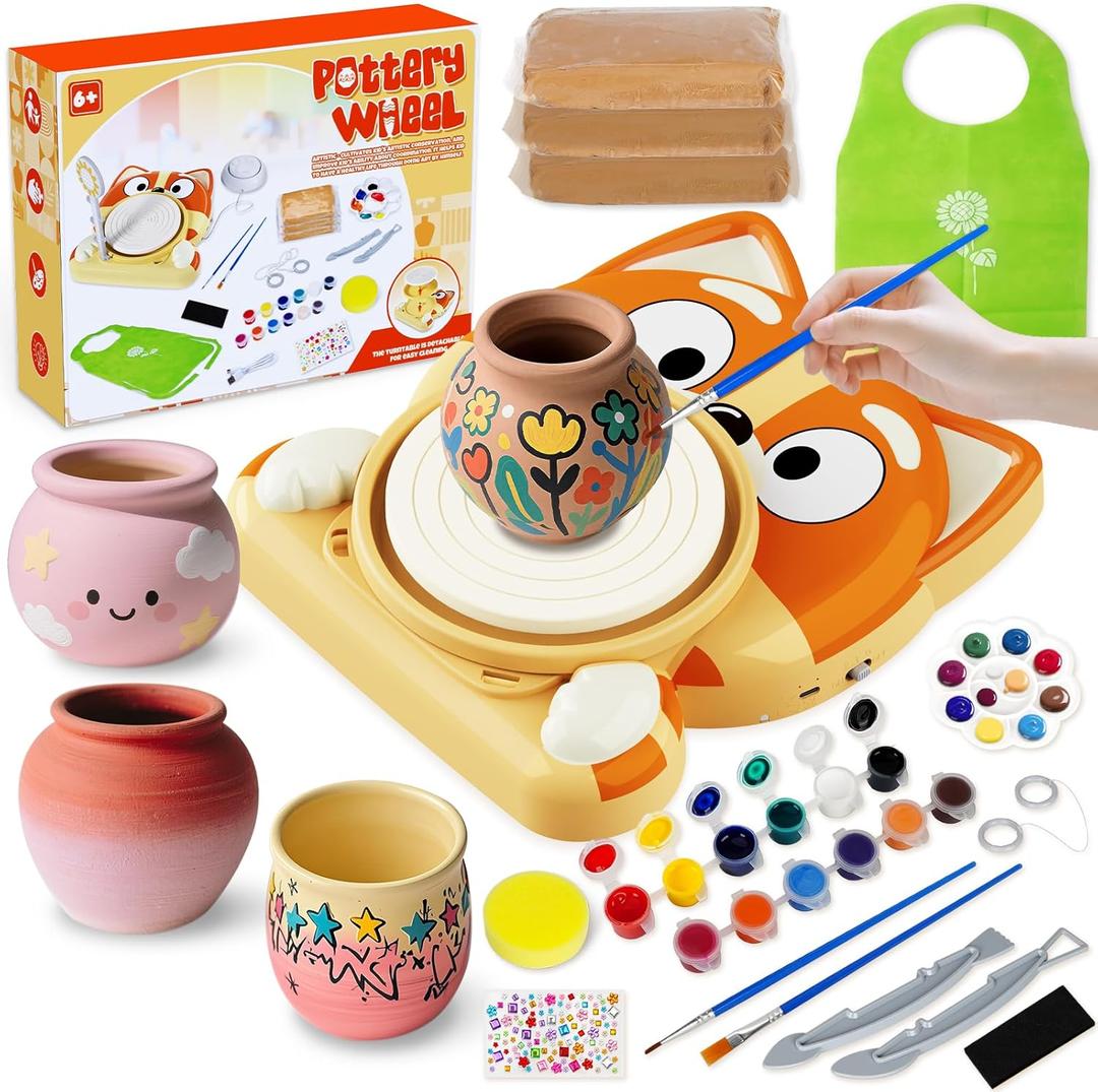 Pottery Wheel for Kids - Complete Pottery Kit for Beginners, Arts and Crafts for Kids Ages 8-12 with 3 Pack Air Dry Clay, Mini Clay Making Pottery Wheel with Foot Pedal (Dog, Patented) (Yellow)