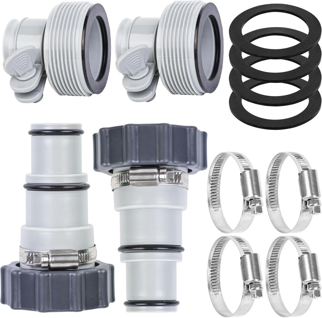 4 Pack Pool Hose Adapter with Clamp Washer 2 Types Conversion Connector Replacement 1.5" to 1.25" Pools Pump Hose Adapter for Intex Threaded Connection Pump Hoses Above Ground Pool Accessories