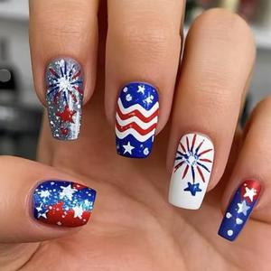 Medium Square Press On Nails 4th Of July Fake Nails Fireworks With Star Design Independence Day False Nails Acrylic Artificial Glue On Nail Full Cover Stick On Nail For Women Manicure 24pcs