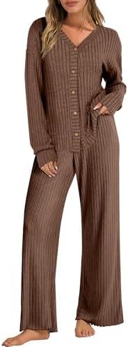 ANRABESS Women's 2 Piece Lounge Pajama Sets Ribbed Long Sleeve Button Top Matching Pants Sleepwear PJ Set 2025 Fall Outfits S