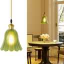 Pendant Light with Vintage Green Glass Petal Lampshade,Height-Adjustable Pendant Lamp Hanging Light for Kitchen Island Dining Room,Dimmable Farmhouse Elegant Island Light with Bulb Hardwired