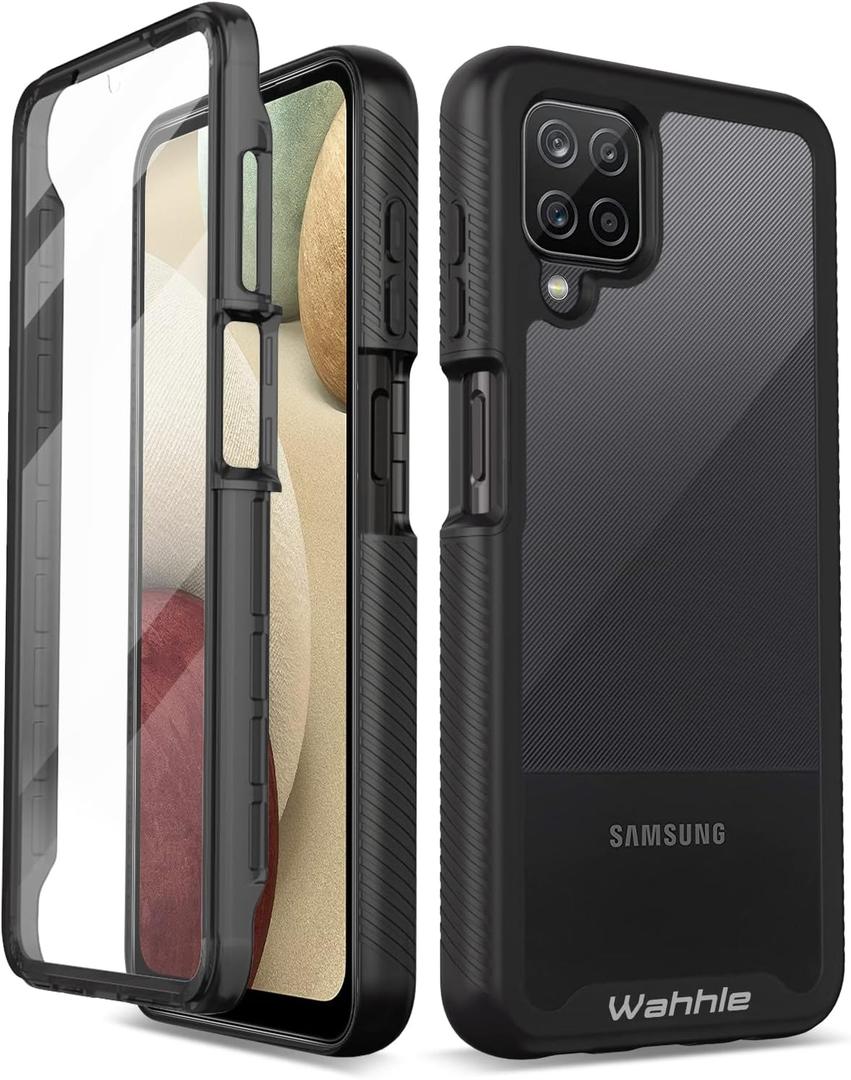 wahhle Compatible with Samsung Galaxy A12 Case, Built in Screen Protector Full Body Shockproof Slim Fit Bumper Protective Phone Cover for Samsung A12 Men Women-Black/Clear