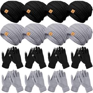 Suhine 8 Set Winter Warm Hat and Gloves Bulk Knitted Warm Beanies and Touchscreen Soft Gloves for Women Cold Weather (2 Colors)