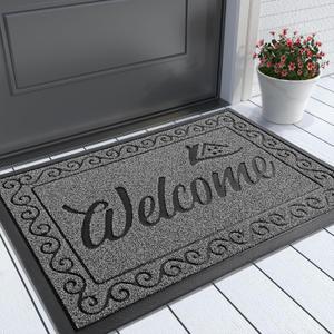 Yimobra Welcome Mat, Heavy Duty Sturdy Door Mats for Home Entrance Outdoor Indoor, Front Doormat for Outside Patio Floor Entry Porch Garage Office, Waterproof, Low Profile, 29.5 x 17, Black Grey