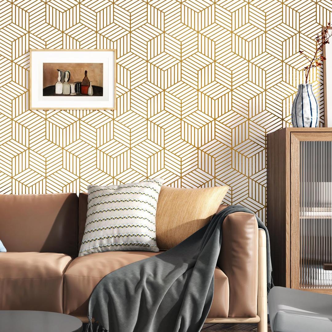 WallDerful Peel and Stick Wallpaper Gold and White Geometric Hexagon Self Adhesive Decorative Roll Waterproof Wallpaper Gold Stripes Geometric Wall Papers Countertop Contact Paper 17.7" x 118"