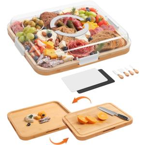 Charcuterie Board with Clear Lid, 2 Side Large Bamboo Cheese & Cutting Board for Entertaining, Includes 2 Plastic Cutting Mats & 4 Cheese Knives, Charcuterie gift ideas, Picnic Accessories
