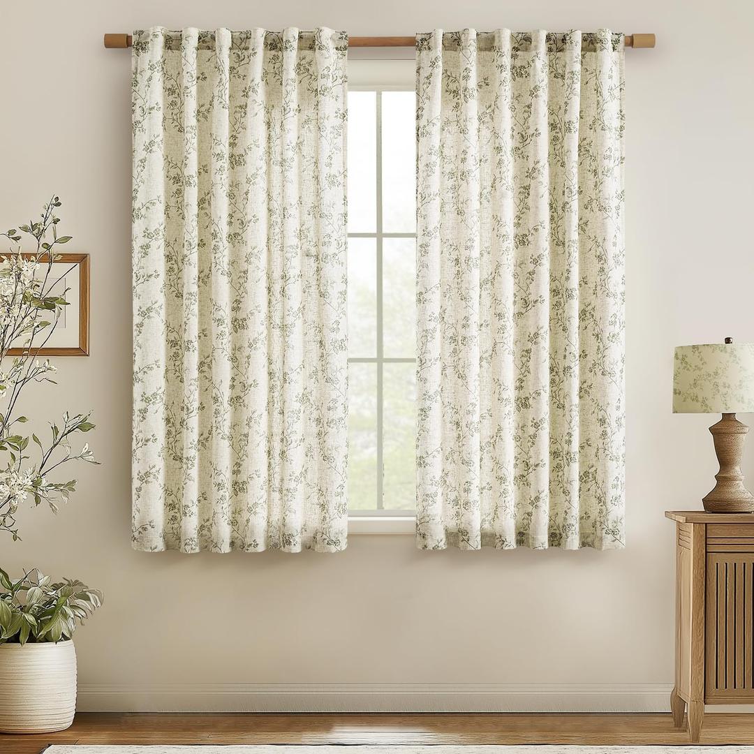 jinchan Linen Floral Curtains for Living Room 63 Inch Length Sage Green Printed Curtains Back Tab French Country Farmhouse Flower Patterned Drapes Bedroom Window Curtain Set 2 Panels, Size: 50"W x 63"L