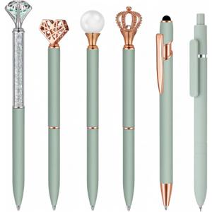 Qeeenar 6 Pcs Ballpoint Pens Set Metal Crystal Diamond Pen for Journaling Glitter Pretty Black Ink Fancy Gifts Cute Stationery for Women Girls Teacher Office Wedding School Supplie (Sage Green)