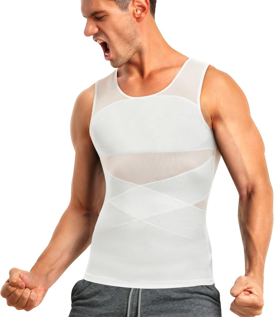 TAILONG Men's Compression Shirt for Body Shaper Slimming Vest Tight Tummy Underwear Tank Top (Large, White)