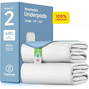 IMPROVIA Washable Underpads, Heavy Absorbency Reusable Incontinence Pads for Kids, Adults, Elderly, and Pets - Waterproof Protection Floor White & Blue (2 Pack - 34x52)