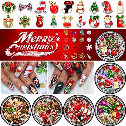 Christmas Nail Rhinestones, Stocking Stuffers Gifts for Women Over 1500pcs 6 Pots 3D Nail Charms Sequins Alloy Santa Reindeer Snowman Snowflake Garland, Metal Nail Studs Gems Jewelry DIY