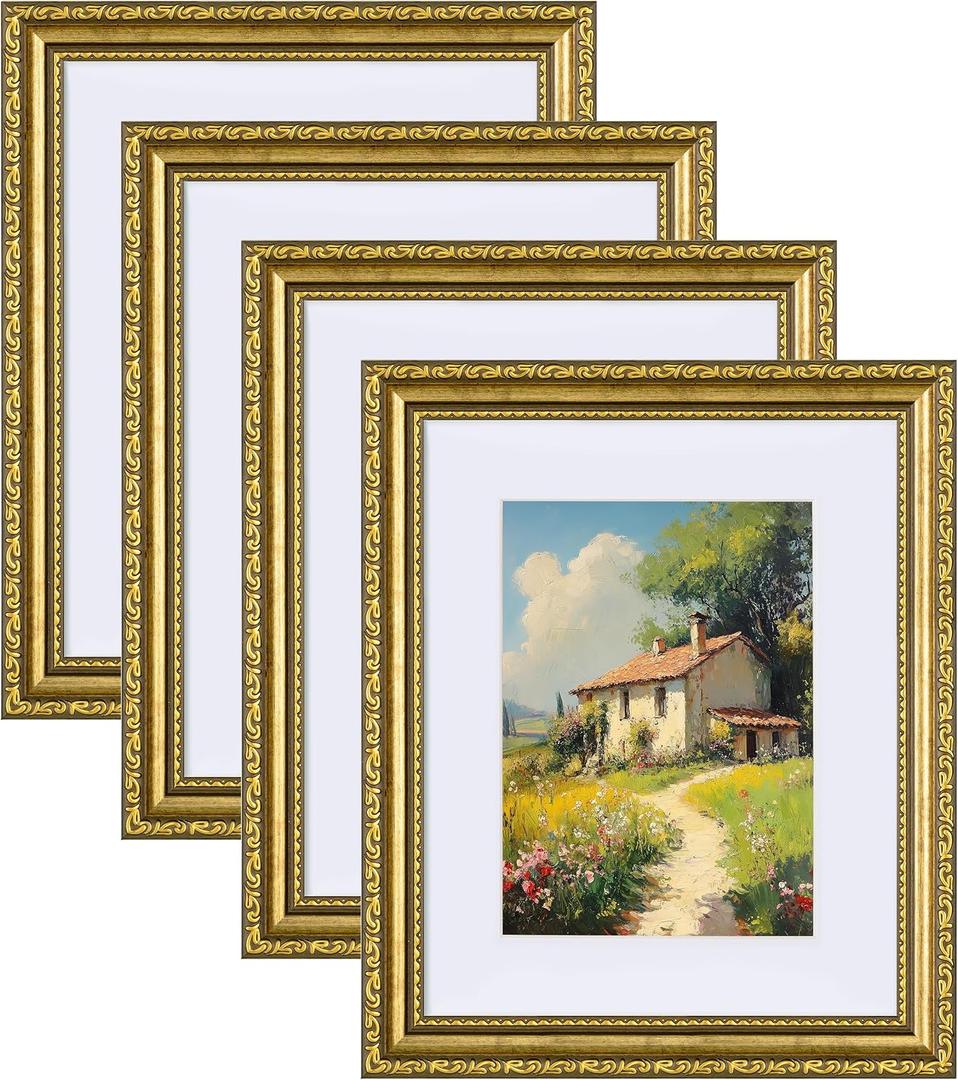 Eletecpro 8x10 Picture Frames Set of 4, Gold Frames 8 x 10 with Glass Cover, Vintage Photo Frame Displays 5x7 Photo with Mat or 8x10 without Mat for Tabletop or Wall Decor, Gold