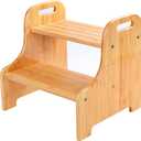 VaeFae Bamboo 2 Step Stool with Non-Slip Step Treads and 2 Cutout Handles (Natural)