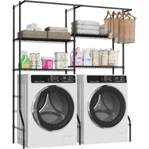 Garvee Over Washer and Dryer Storage Shelves, Heavy Duty 4 Tiers Laundry Room Storage and Organizer System, Adjustable Height Clothes Drying Rack with 2 Clothes Hanger Rods, Space Saving