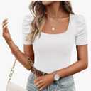 ZESICA Women's Square Neck Puff Sleeve Tops 2026 Summer Ribbed Fitted Casual Work Business Basic T Shirts Medium