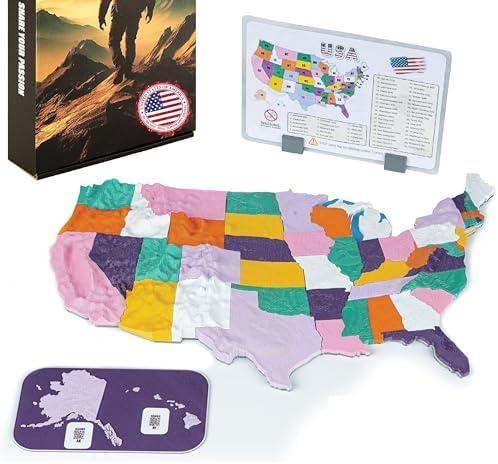 3D Mountains - 3D Magnetic US Map with NASA-Based Topography - Interactive 50 States Magnetic Puzzle with QR Code Info & Display Stand, Educational Gift & Decor