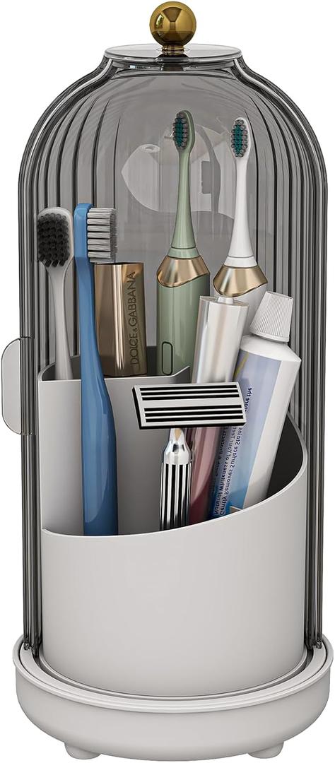 Toothbrush Holders with Cover, Drainage Rotating Electric Toothbrush Organizer, 3 Slots Tooth Brush Holder for Bathroom Counter, Grey White