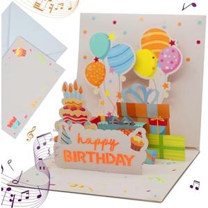 Pack of 2, 3D Popup Happy Birthday Cards - Musical Light Up Greeting Card - Balloons Gifts Cake Party - Includes Blank Card, White Mailing Envelope - Plays Happy Birthday Song - Kids Adults