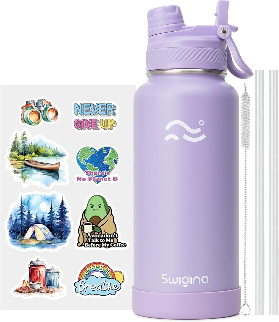 Swigina [2-IN-1 LID] Insulated Water Bottle with Silicone Boot (36hrs Cold/18hrs Hot) - DIY Stickers, Leakproof, BPA Free, 32 oz (Lavender)