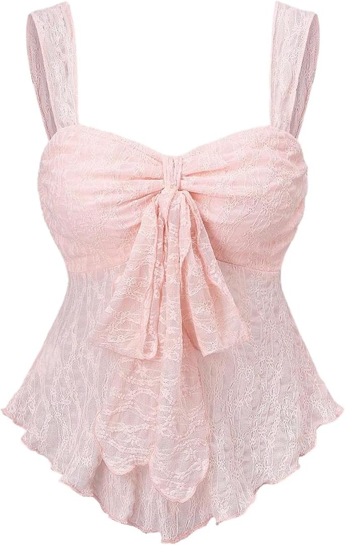 SOLY HUX Women's Cute Babydoll Tops Sleeveless Tie Front Lace Peplum Tank Top Summer Going Out Camisole Top (Plain Pink, S)