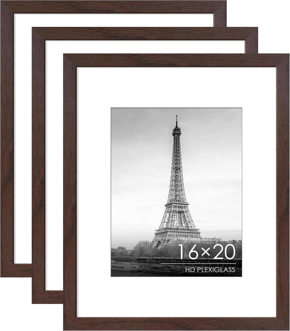 16x20 Picture Frame Set of 3, for Wall Mount, Walnut Woodgrain | Display Pictures 11x14 with Mat or 16 x 20 without Mat, for Photos, Artwork; Fits Home, Office & Gallery Wall Decor