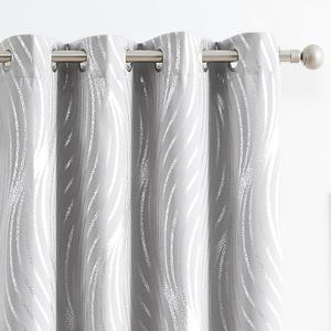 100% Blackout Curtains for Bedroom, Grey Silver Foil Pattern Curtains 72 Inch Length Living Room Darkening Thermal Insulated Metallic Silver Wave Print Drapes Grommet Window Curtains 2 Panels