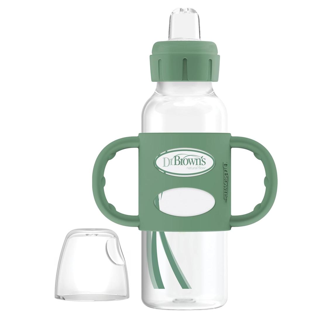 Dr. Brown's Milestones Narrow Sippy Spout Bottle with 100% Silicone, Easy-Grip Handles and Soft Sippy Spout, 8oz/250mL, Green, 1-Pack, 6m+