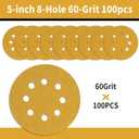 100 Pcs 5 Inch Sanding Discs Hook and Loop, 60 Grit Sandpaper for Woodworking or Automotive, 8 Hole Gold Premium Dustless Random Orbit Sandpaper