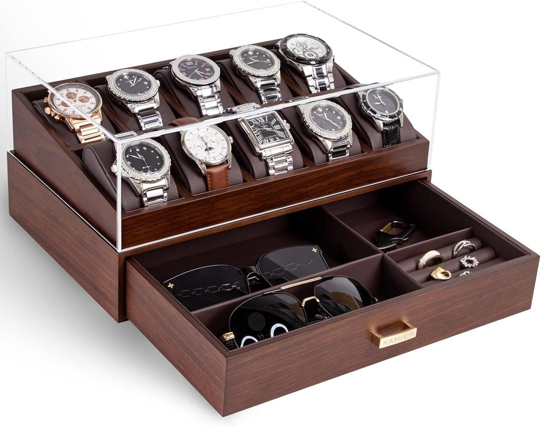 KAMIER Watch Box for Men, 10 Slots Mens Watch Case with Glass Lid, Watch Display Case With Drawer, 2-Layer Watch Holder Organizer, Jewelry and Watch Storage for Men Women, Walnut