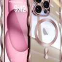 UEEBAI For iPhone 16 Pro Max Case, Cute Wave Frame Magnetic Phone Case Compatible with Magsafe Full Camera Protection Cover Soft Electroplated Phone Cover for Women Girls - Pink